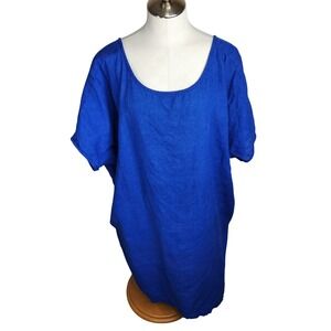 OffOn Clothing Short Sleeve‎ Loose Fit Linen Tunic Dress Blue Handmade